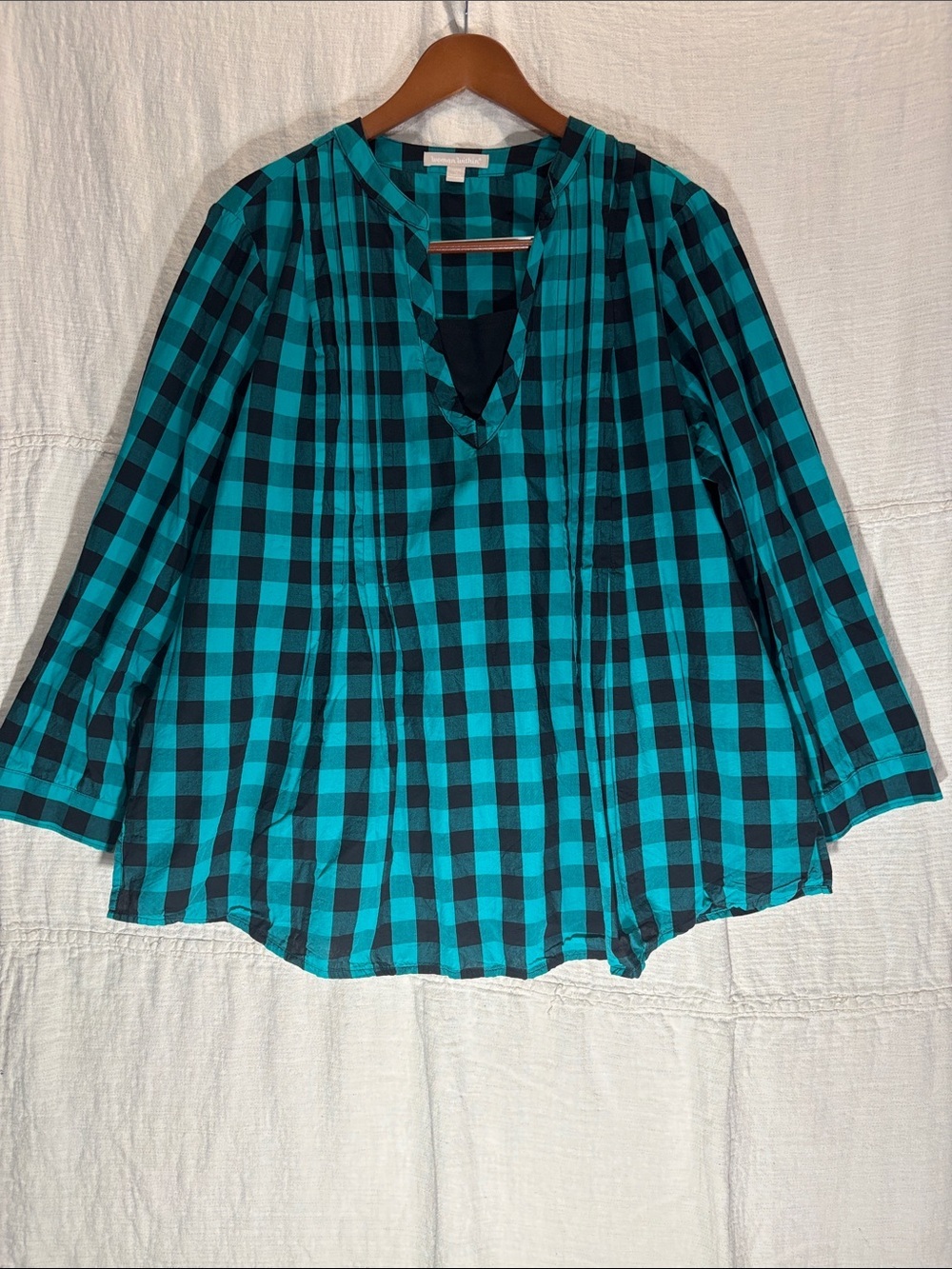 Woman Within Teal and Black Gingham V-Neck Tunic Blouse 100% Cotton